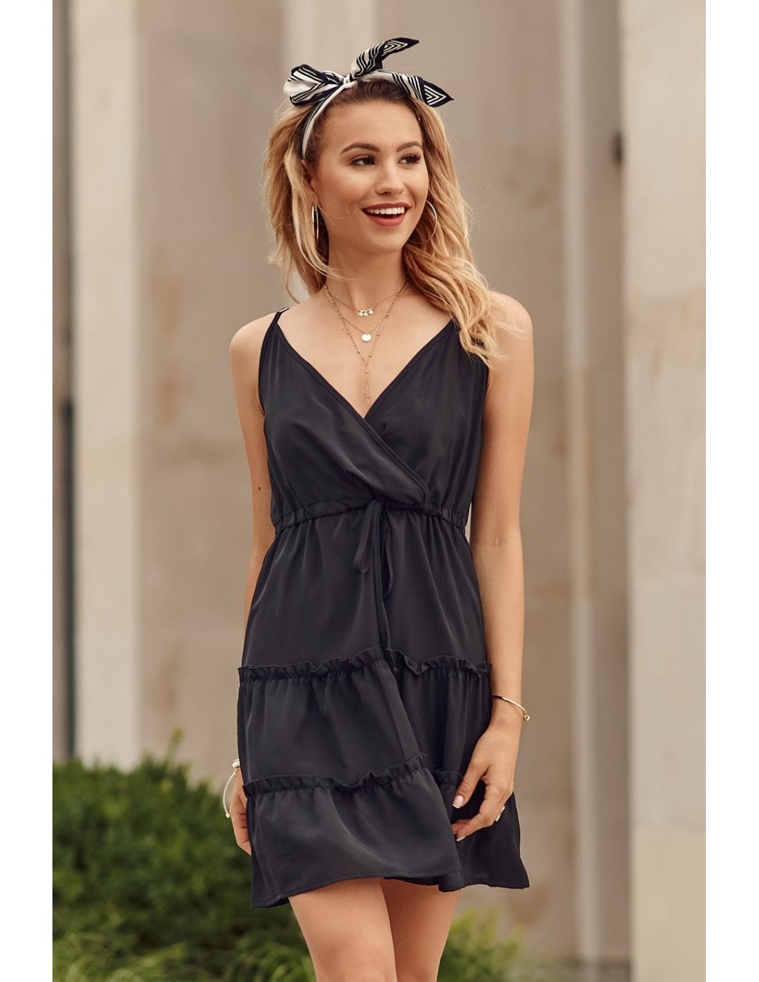 Delicate dress with an envelope neckline, black PR3200 - Online store - Boutique